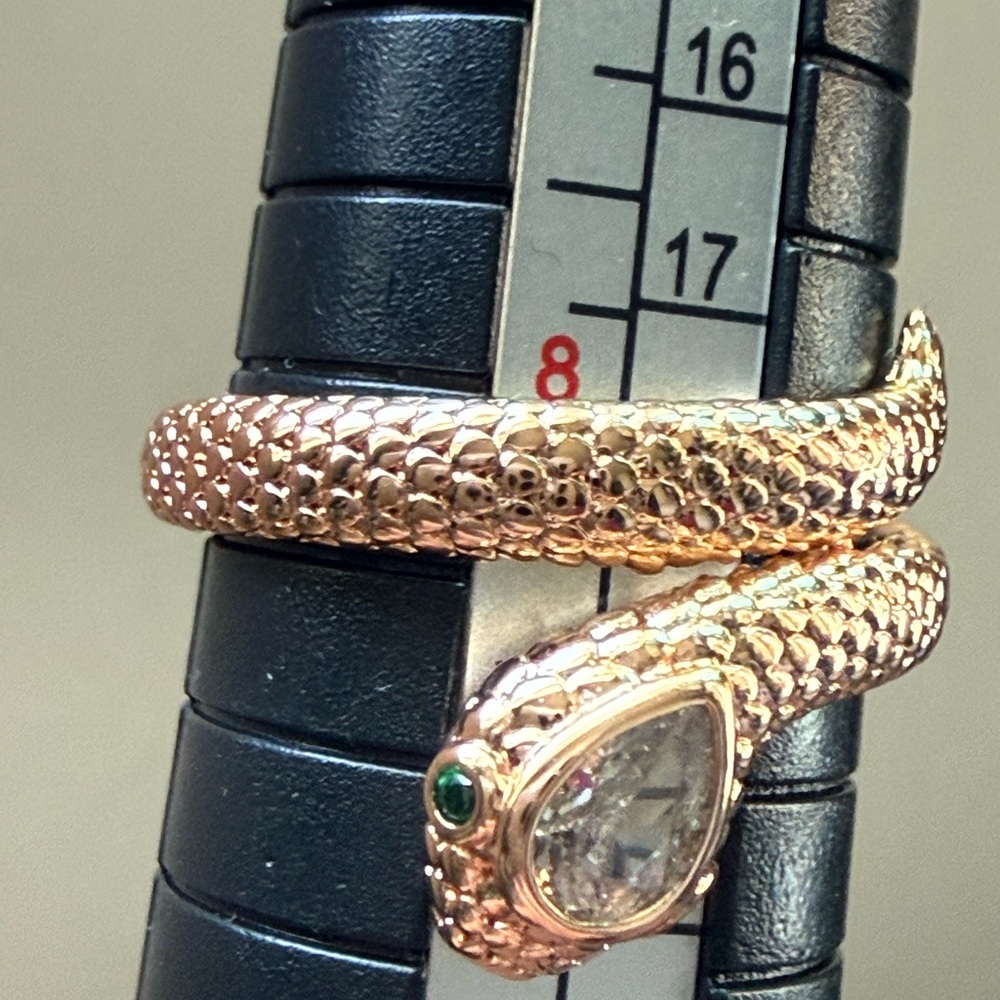NEW!Pretty Bird Rose Gold Snake Wrap Ring with Clear Teardrop Stone & Green Eyes - Picture 8 of 11